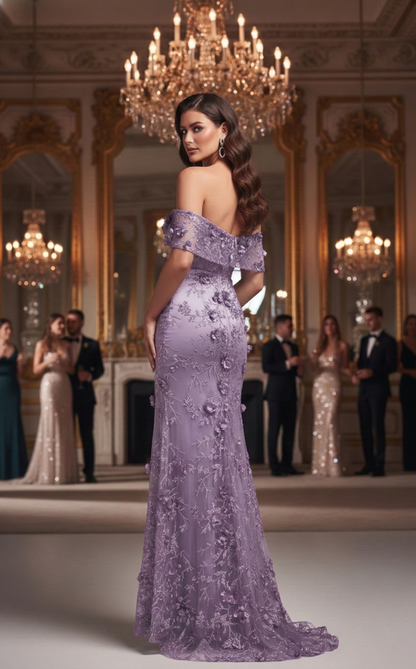 Off-the-Shoulder 3D Floral Lace Mermaid Prom Dress with Slit | Sevoba