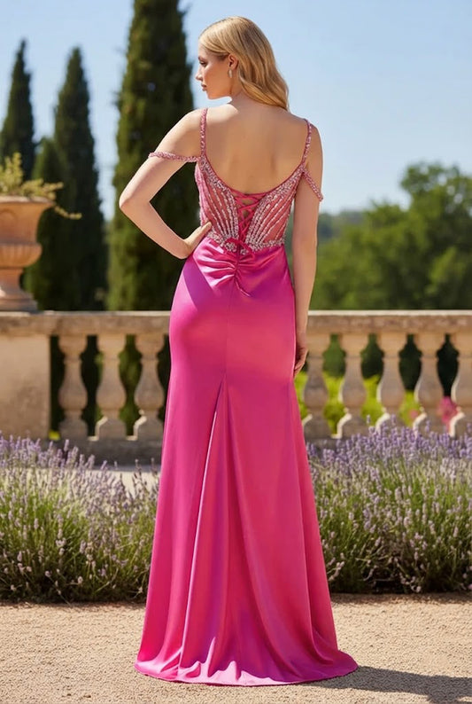 Off-the-Shoulder Beaded Corset Mermaid Prom Dress with Slit | Sevoba
