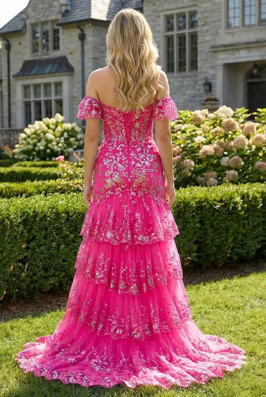 Off-the-Shoulder Beaded Lace Tiered Tulle Prom Dress with Slit | Sevoba