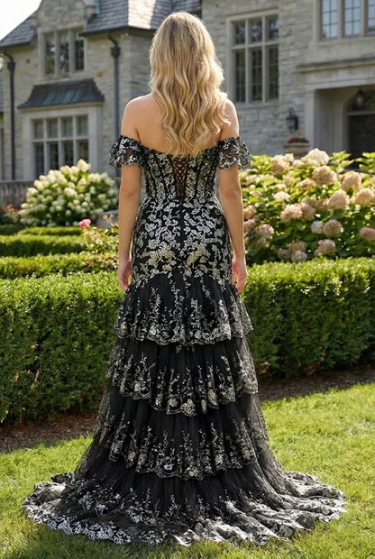 Off-the-Shoulder Beaded Lace Tiered Tulle Prom Dress with Slit | Sevoba
