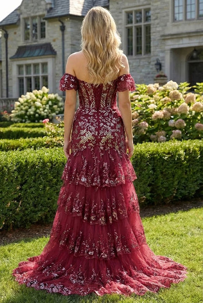 Off-the-Shoulder Beaded Lace Tiered Tulle Prom Dress with Slit | Sevoba