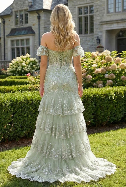 Off-the-Shoulder Beaded Lace Tiered Tulle Prom Dress with Slit | Sevoba