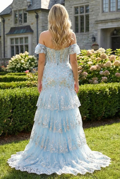 Off-the-Shoulder Beaded Lace Tiered Tulle Prom Dress with Slit | Sevoba
