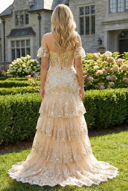 Off-the-Shoulder Beaded Lace Tiered Tulle Prom Dress with Slit | Sevoba