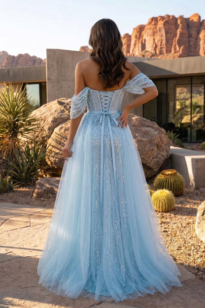 Off-the-Shoulder Beaded Tulle A-Line Prom Dress with Corset Back | Sevoba