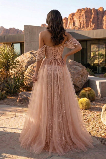 Off-the-Shoulder Beaded Tulle A-Line Prom Dress with Corset Back | Sevoba