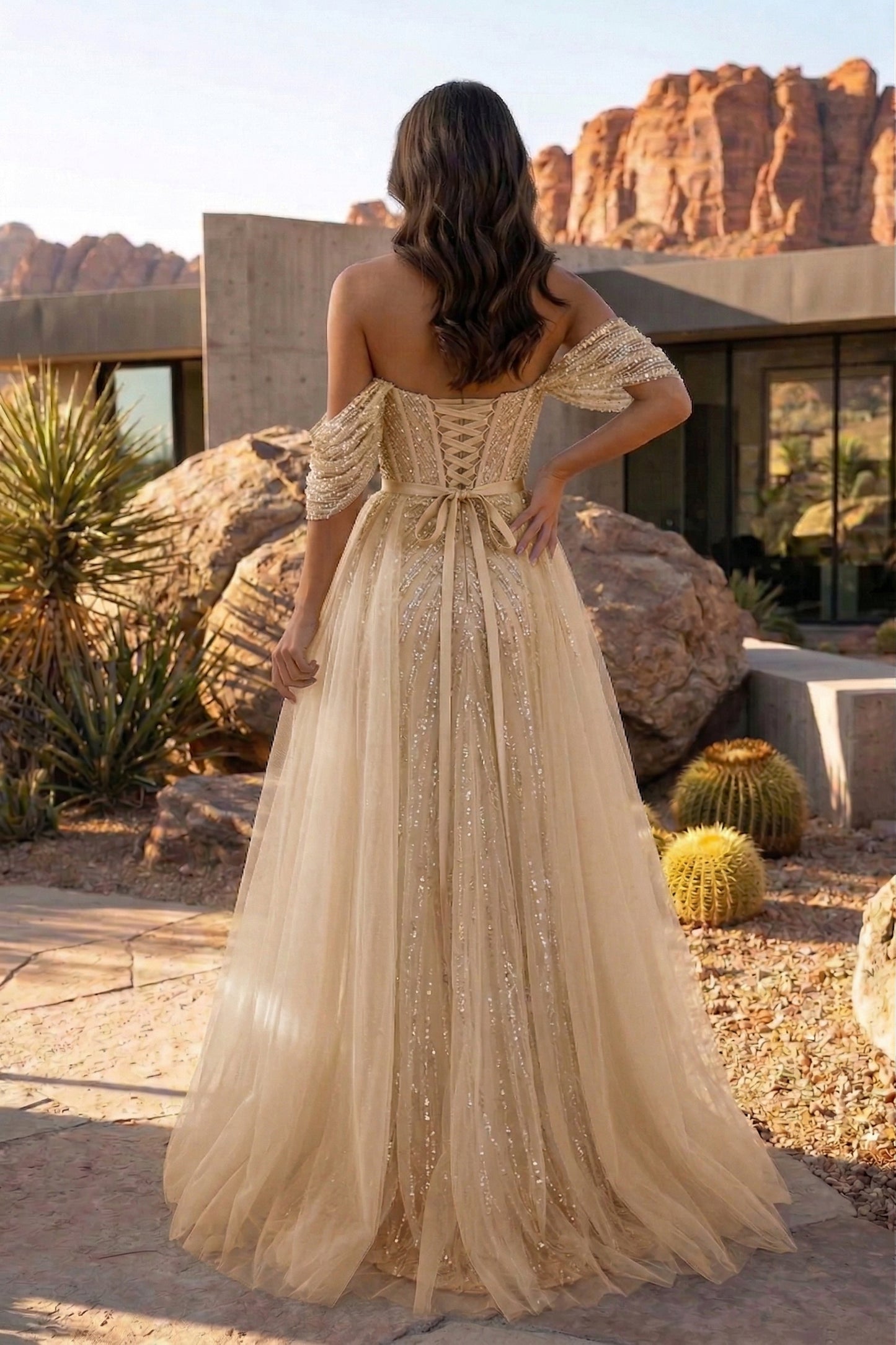 Off-the-Shoulder Beaded Tulle A-Line Prom Dress with Corset Back | Sevoba