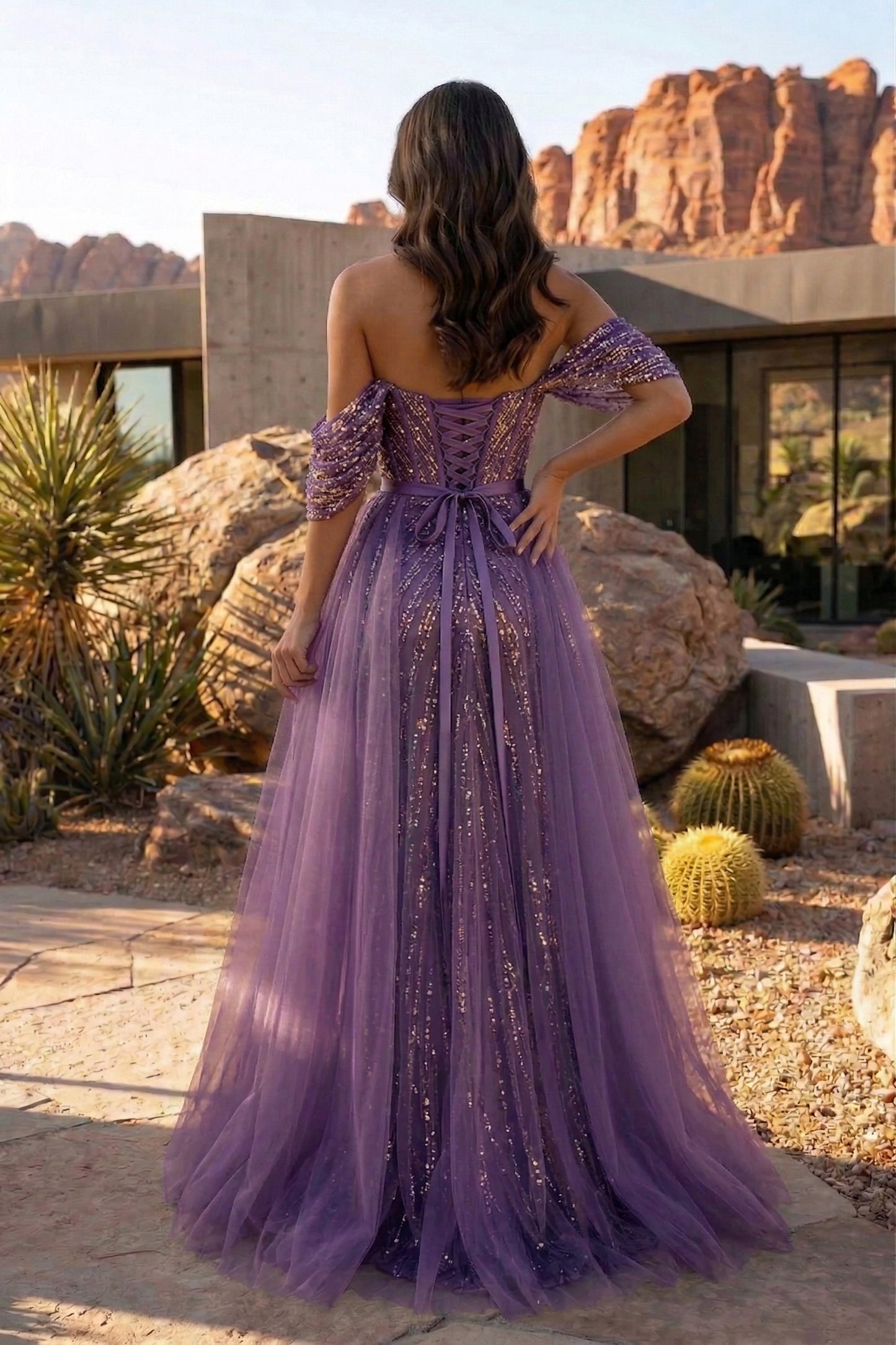 Off-the-Shoulder Beaded Tulle A-Line Prom Dress with Corset Back | Sevoba