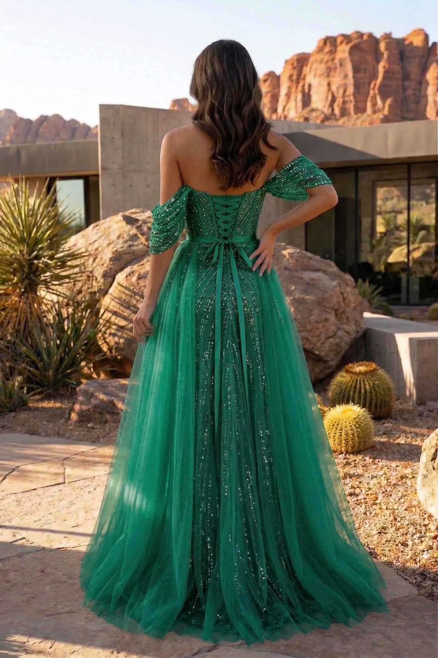 Off-the-Shoulder Beaded Tulle A-Line Prom Dress with Corset Back | Sevoba