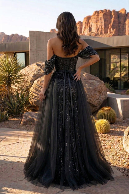 Off-the-Shoulder Beaded Tulle A-Line Prom Dress with Corset Back | Sevoba