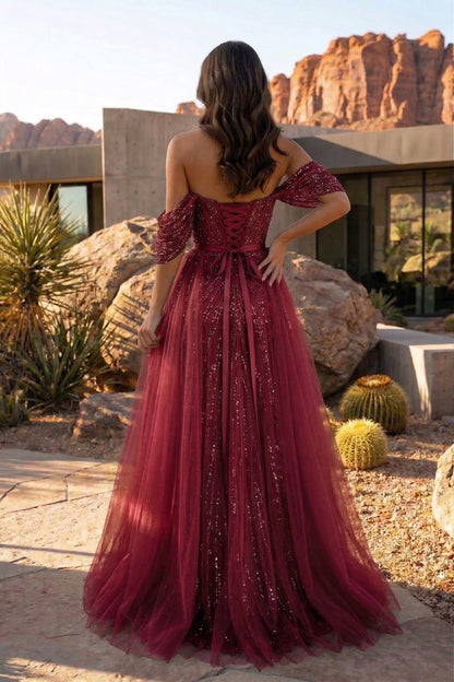 Off-the-Shoulder Beaded Tulle A-Line Prom Dress with Corset Back | Sevoba