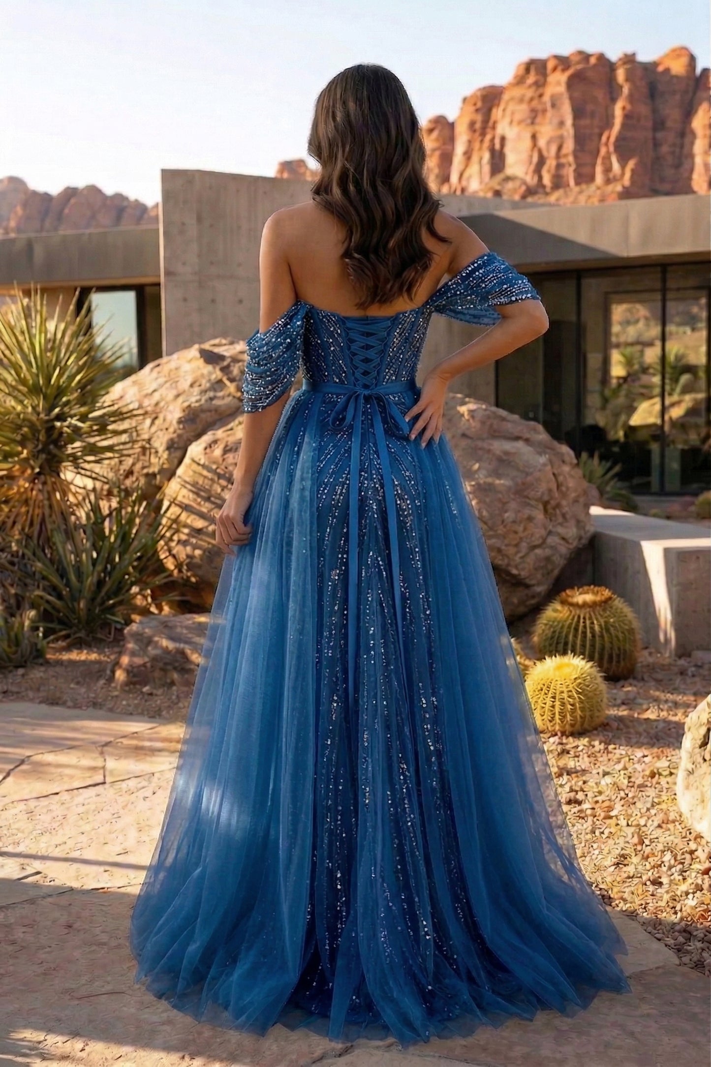 Off-the-Shoulder Beaded Tulle A-Line Prom Dress with Corset Back | Sevoba