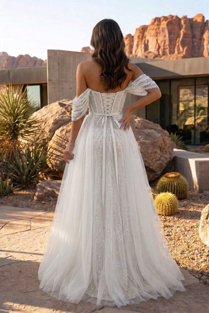 Off-the-Shoulder Beaded Tulle A-Line Prom Dress with Corset Back | Sevoba
