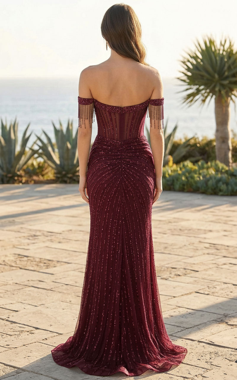 Off-the-Shoulder Corset Beaded Mermaid Prom Dress with Fringe Sleeves | Sevoba