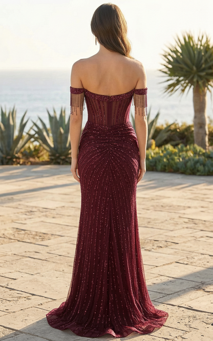 Off-the-Shoulder Corset Beaded Mermaid Prom Dress with Fringe Sleeves | Sevoba