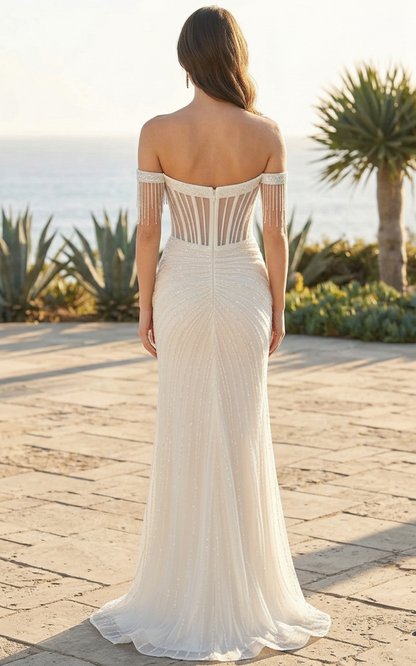 Off-the-Shoulder Corset Beaded Mermaid Prom Dress with Fringe Sleeves | Sevoba