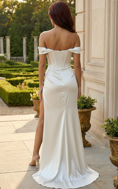 Off-the-Shoulder Corset Satin Mermaid Prom Dress with High Slit | Sevoba