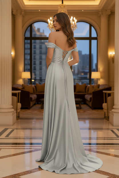 Off-the-Shoulder Crystal Trim Satin Prom Dress with Corset Back | Sevoba