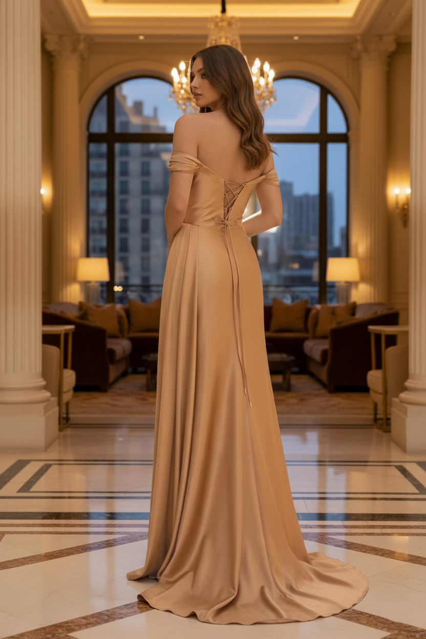 Off-the-Shoulder Crystal Trim Satin Prom Dress with Corset Back | Sevoba