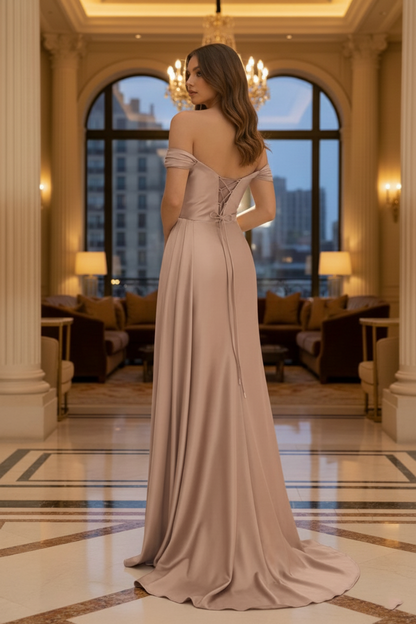 Off-the-Shoulder Crystal Trim Satin Prom Dress with Corset Back | Sevoba