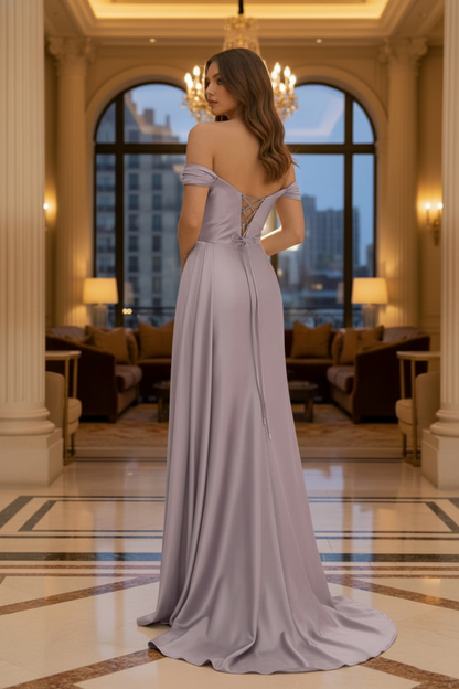 Off-the-Shoulder Crystal Trim Satin Prom Dress with Corset Back | Sevoba