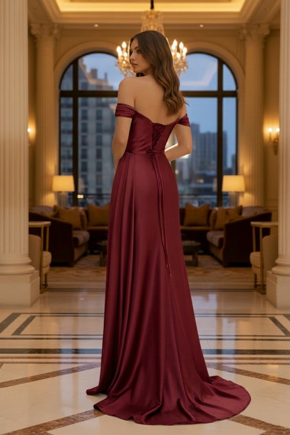 Off-the-Shoulder Crystal Trim Satin Prom Dress with Corset Back | Sevoba