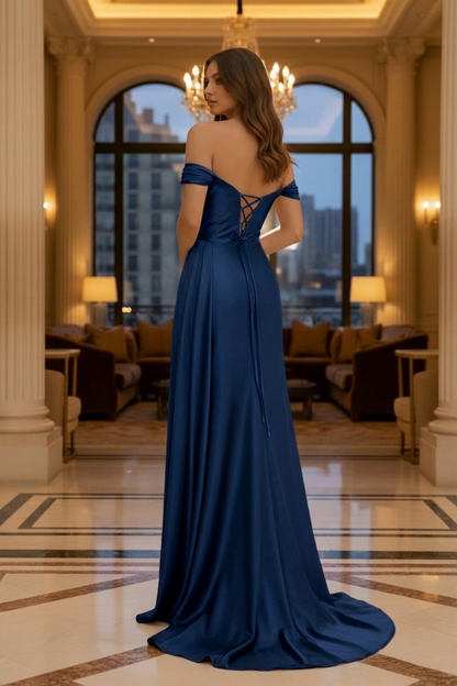 Off-the-Shoulder Crystal Trim Satin Prom Dress with Corset Back | Sevoba