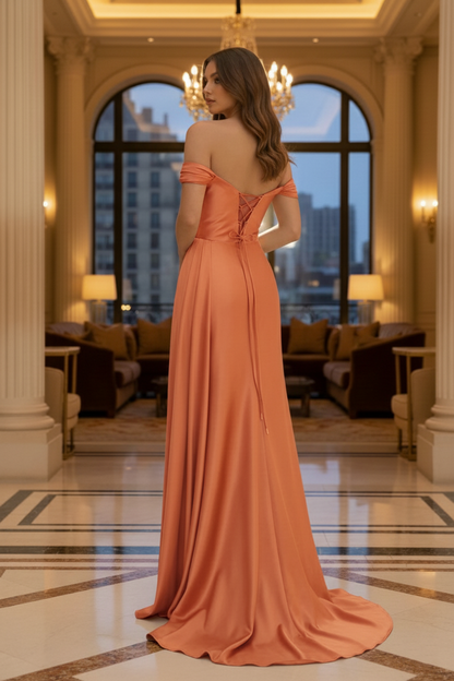 Off-the-Shoulder Crystal Trim Satin Prom Dress with Corset Back | Sevoba