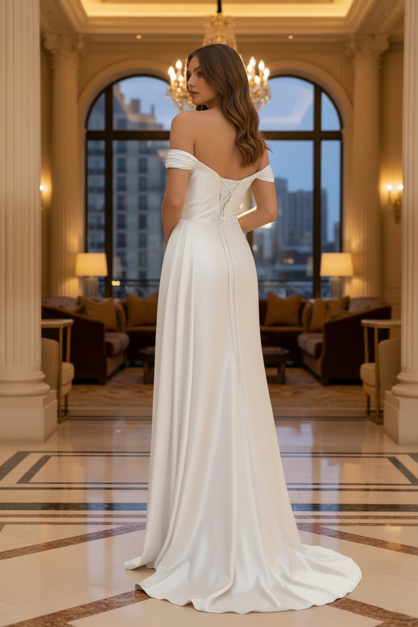 Off-the-Shoulder Crystal Trim Satin Prom Dress with Corset Back | Sevoba