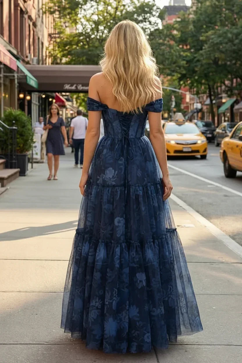 Off-the-Shoulder Floral Print Tiered Tulle Corset Prom Dress | Sevoba