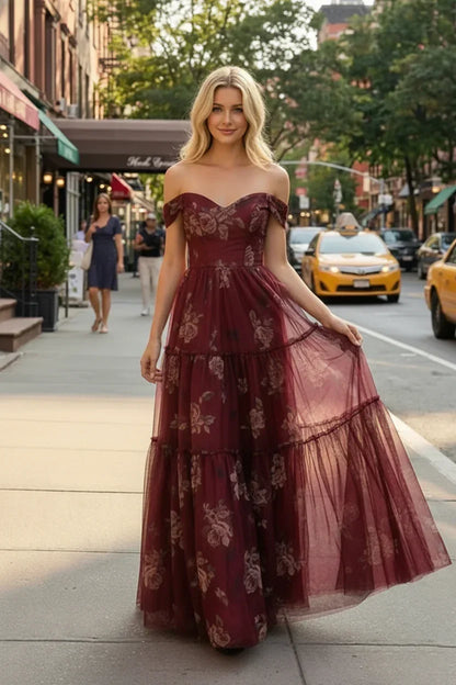 Off-the-Shoulder Floral Print Tiered Tulle Corset Prom Dress | Sevoba