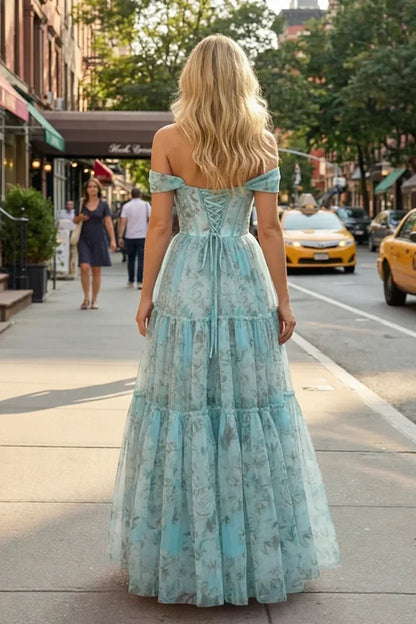 Off-the-Shoulder Floral Print Tiered Tulle Corset Prom Dress | Sevoba