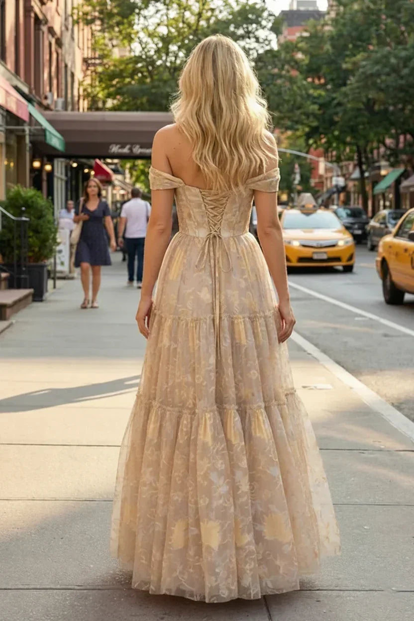 Off-the-Shoulder Floral Print Tiered Tulle Corset Prom Dress | Sevoba