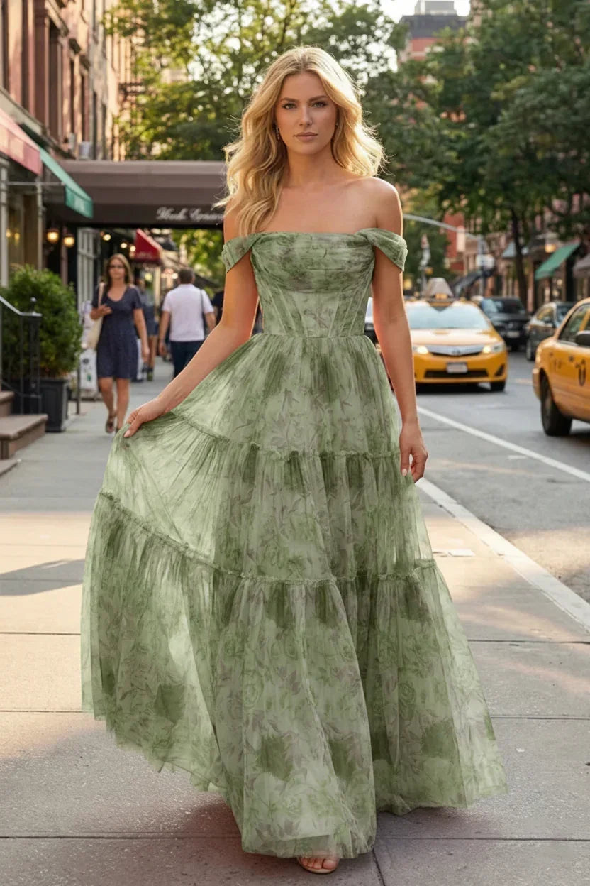 Off-the-Shoulder Floral Print Tiered Tulle Corset Prom Dress | Sevoba