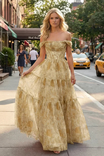 Off-the-Shoulder Floral Print Tiered Tulle Corset Prom Dress | Sevoba
