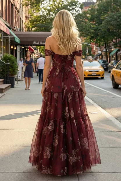 Off-the-Shoulder Floral Print Tiered Tulle Corset Prom Dress | Sevoba