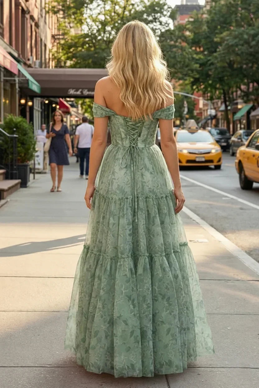 Off-the-Shoulder Floral Print Tiered Tulle Corset Prom Dress | Sevoba