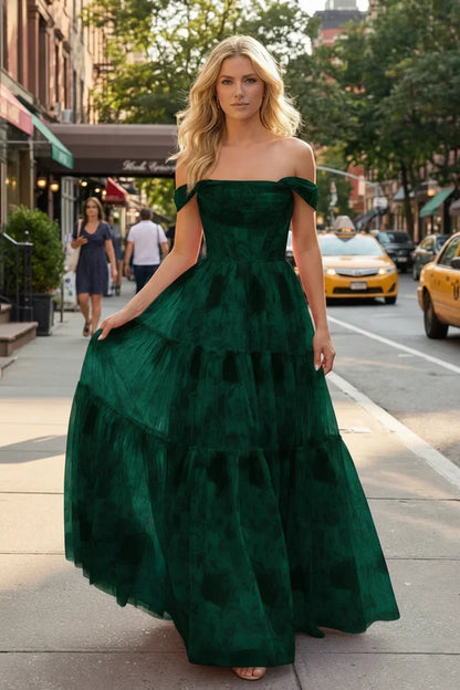 Off-the-Shoulder Floral Print Tiered Tulle Corset Prom Dress | Sevoba