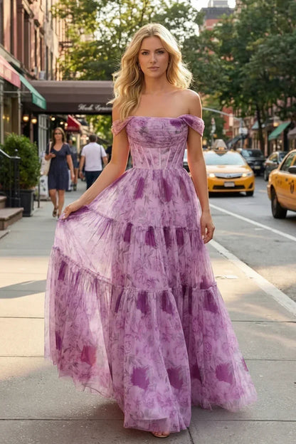 Off-the-Shoulder Floral Print Tiered Tulle Corset Prom Dress | Sevoba