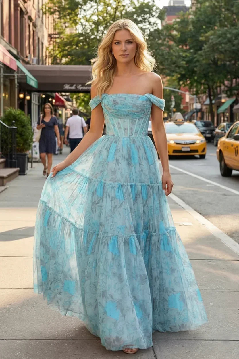 Off-the-Shoulder Floral Print Tiered Tulle Corset Prom Dress | Sevoba