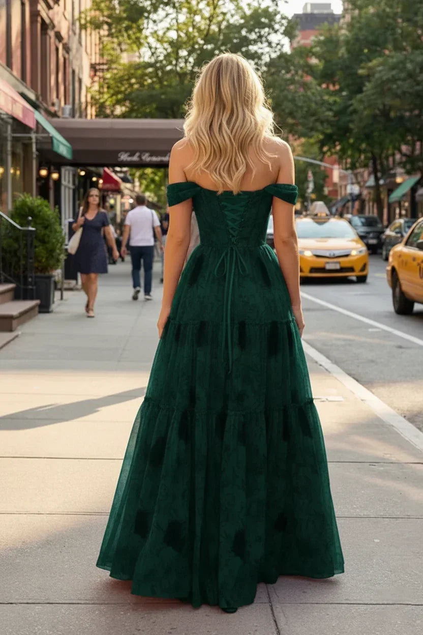Off-the-Shoulder Floral Print Tiered Tulle Corset Prom Dress | Sevoba