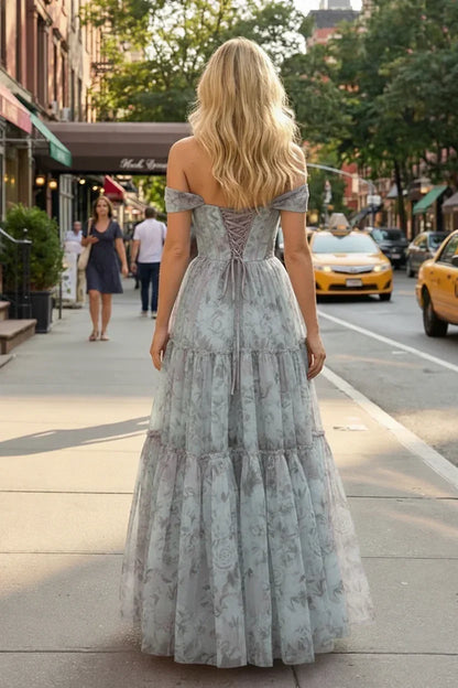 Off-the-Shoulder Floral Print Tiered Tulle Corset Prom Dress | Sevoba
