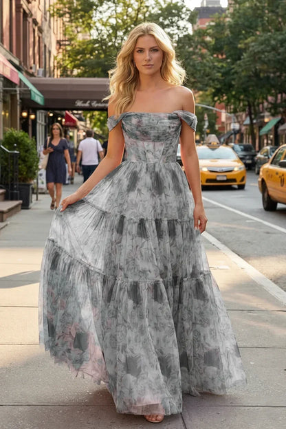 Off-the-Shoulder Floral Print Tiered Tulle Corset Prom Dress | Sevoba