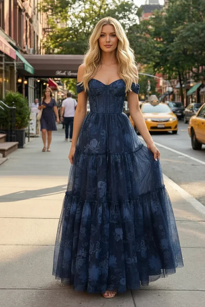 Off-the-Shoulder Floral Print Tiered Tulle Corset Prom Dress | Sevoba