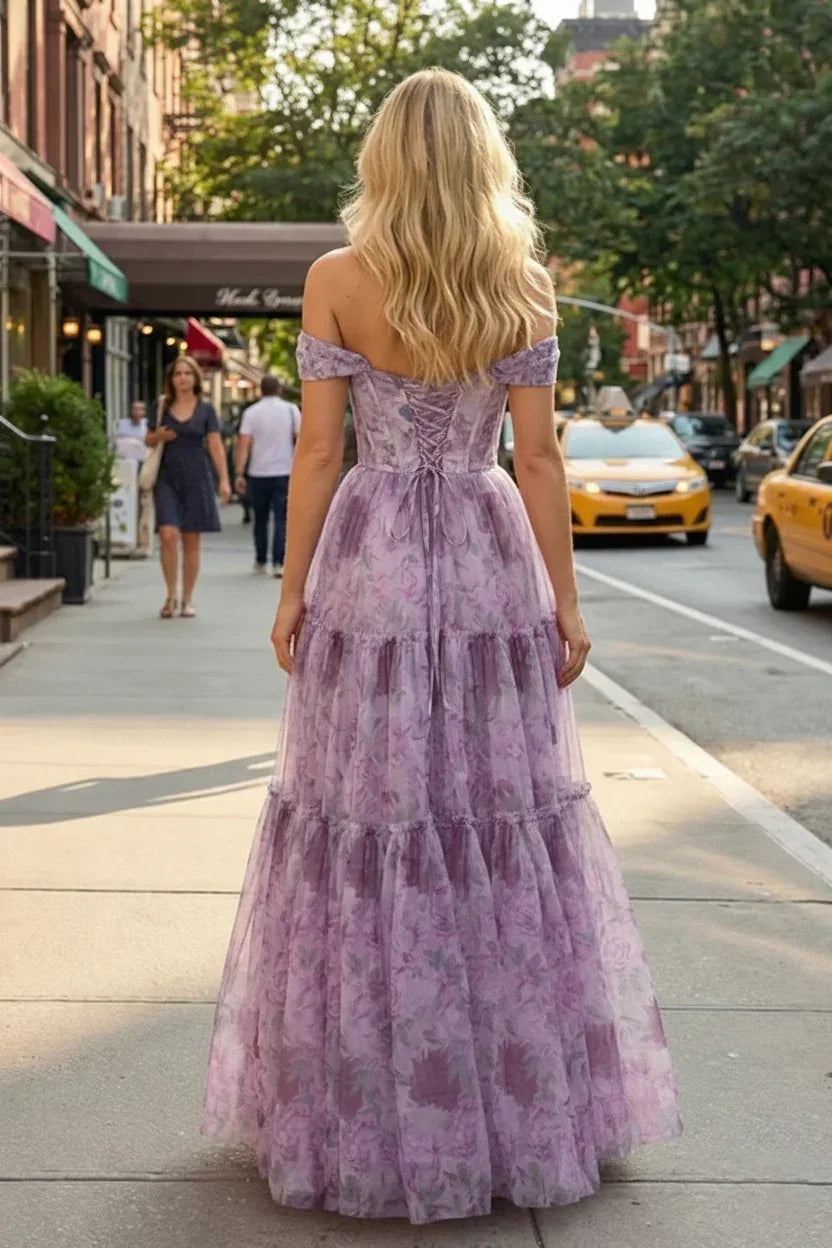 Off-the-Shoulder Floral Print Tiered Tulle Corset Prom Dress | Sevoba