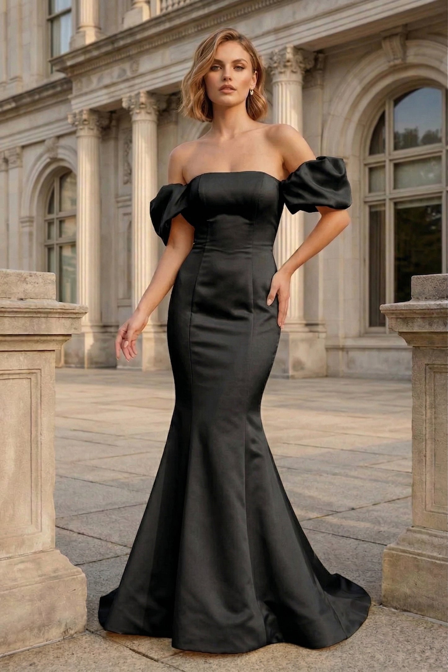 Off-the-Shoulder Puff Sleeve Satin Mermaid Prom Dress with Lace-Up Back | Sevoba