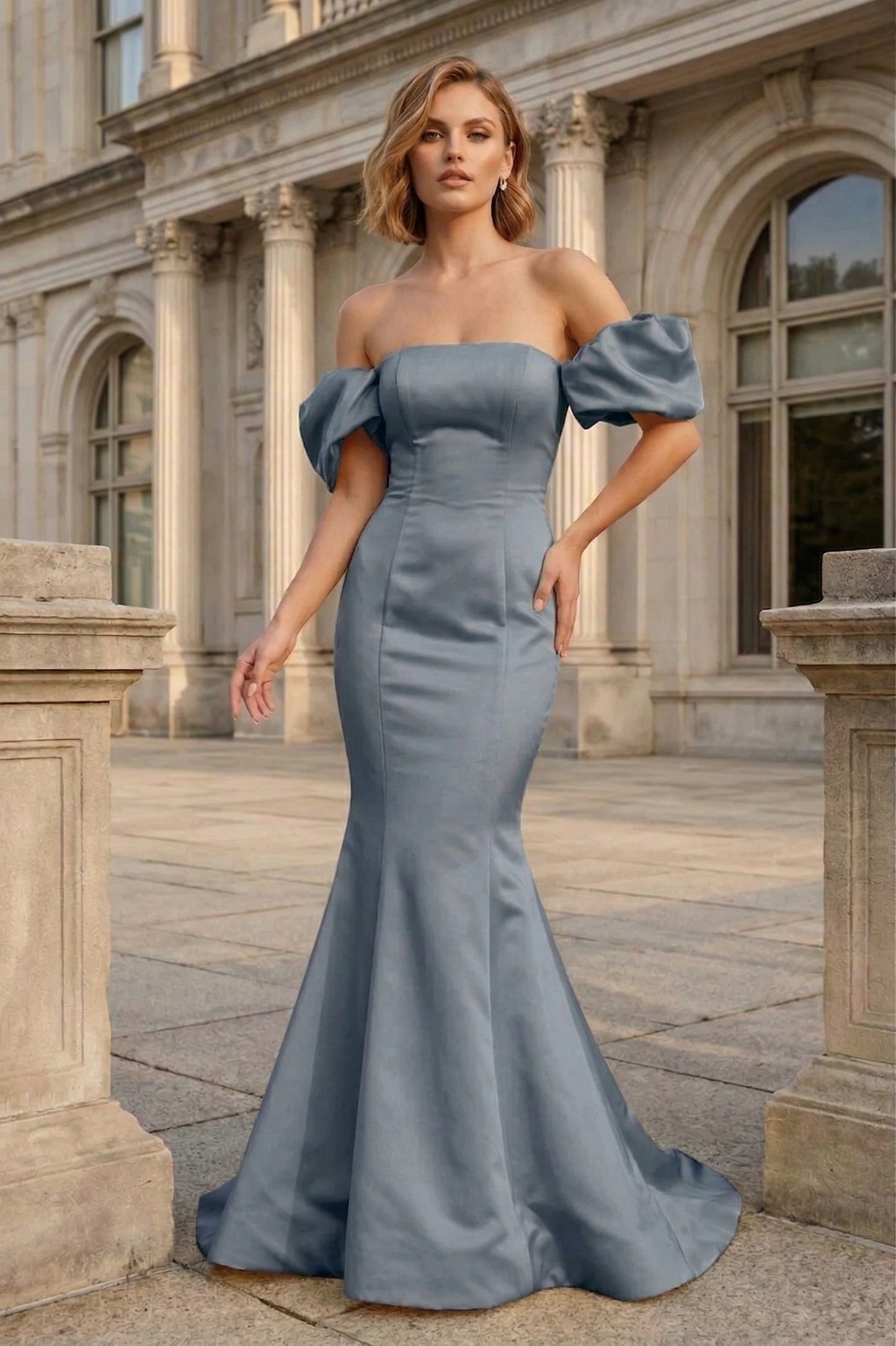 Off-the-Shoulder Puff Sleeve Satin Mermaid Prom Dress with Lace-Up Back | Sevoba