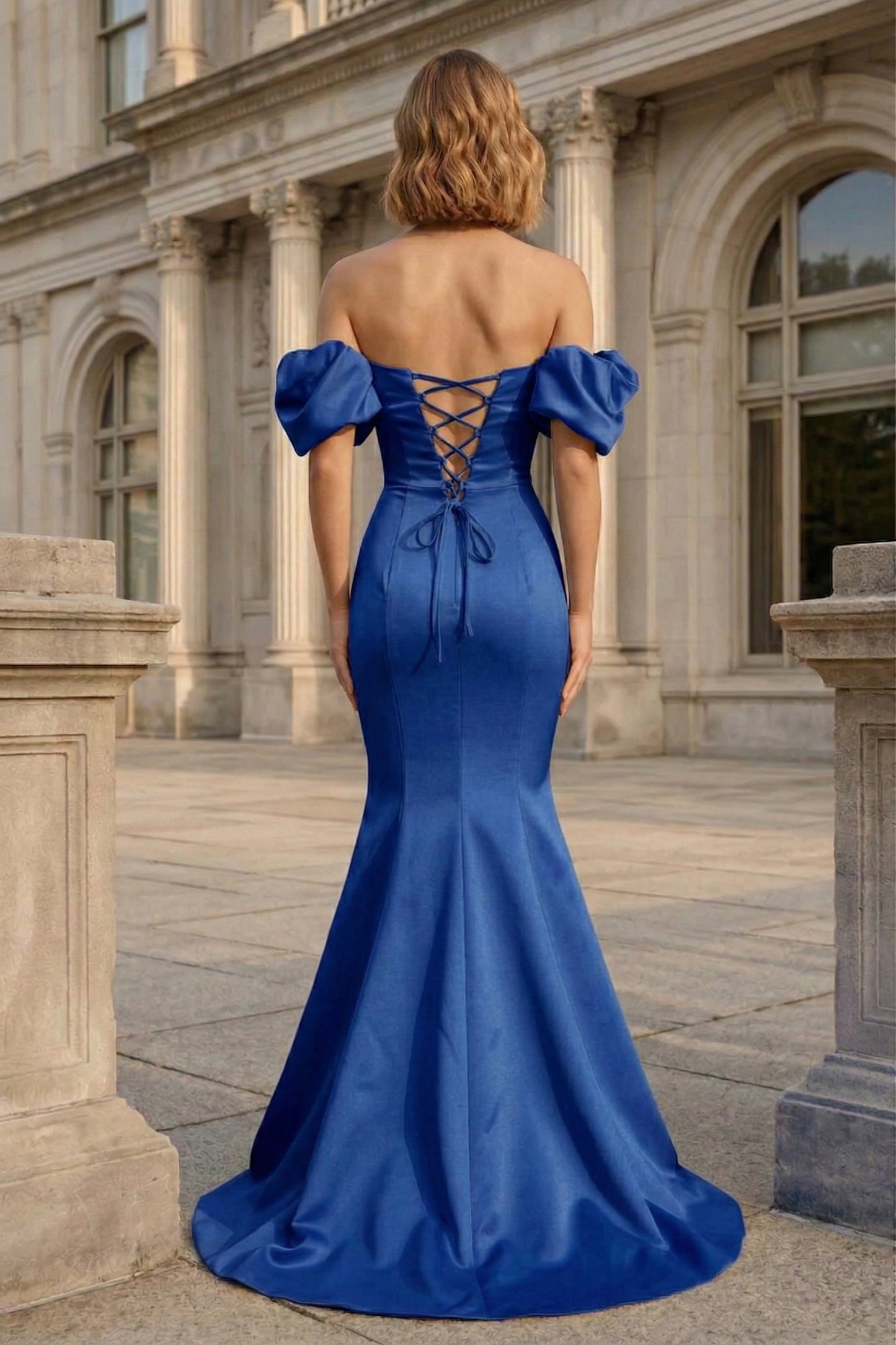 Off-the-Shoulder Puff Sleeve Satin Mermaid Prom Dress with Lace-Up Back | Sevoba