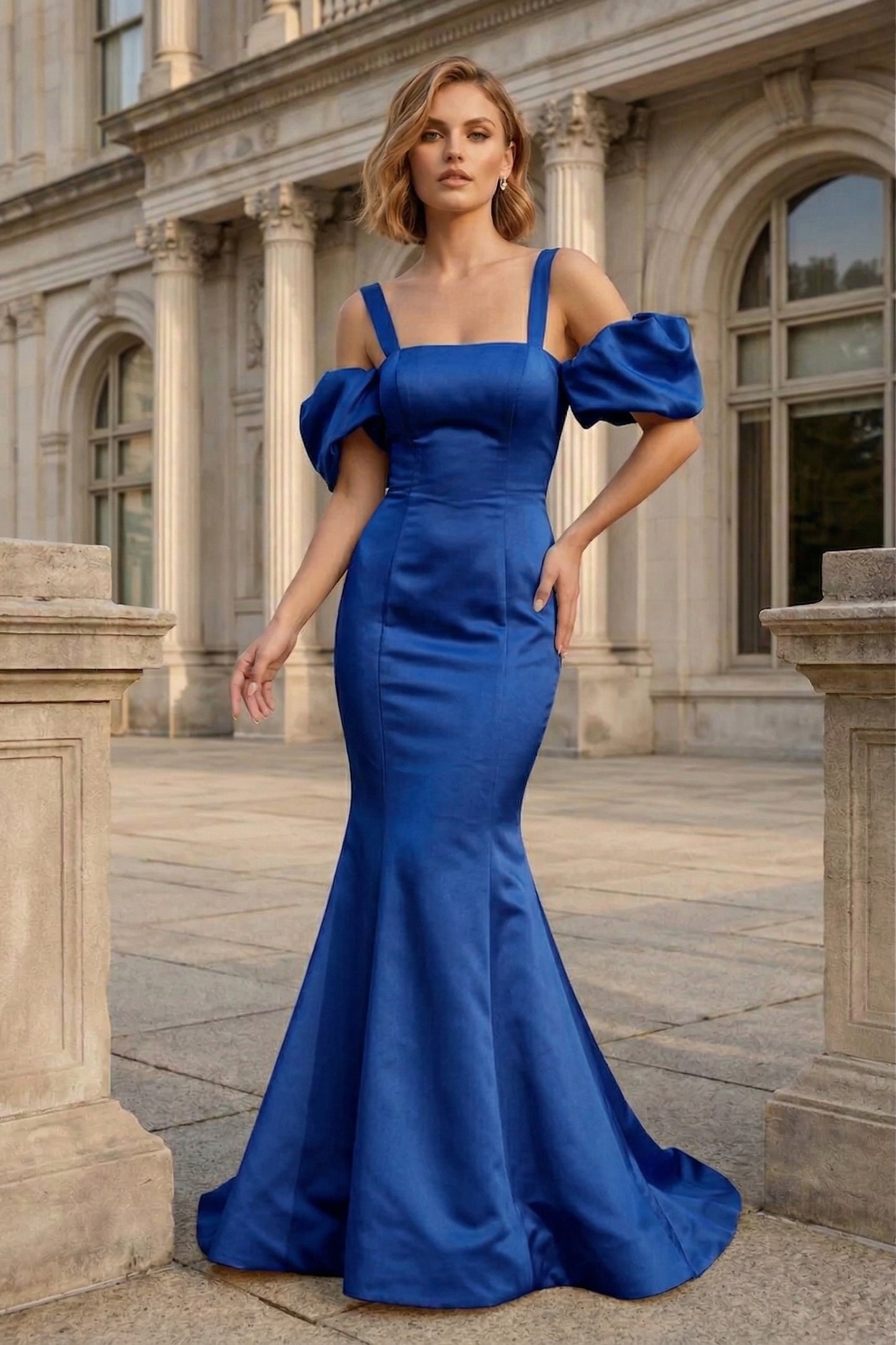 Off-the-Shoulder Puff Sleeve Satin Mermaid Prom Dress with Lace-Up Back | Sevoba