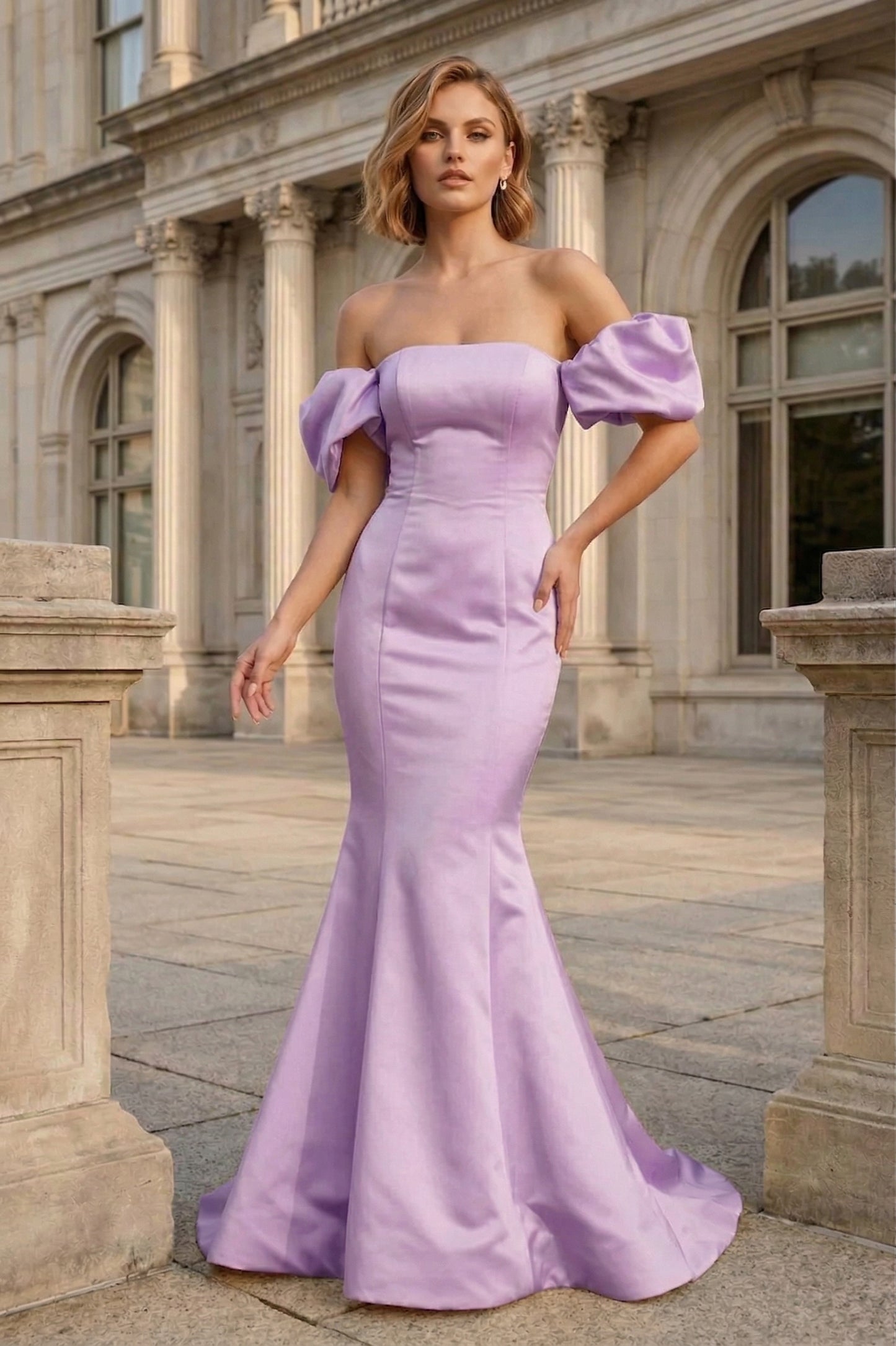 Off-the-Shoulder Puff Sleeve Satin Mermaid Prom Dress with Lace-Up Back | Sevoba